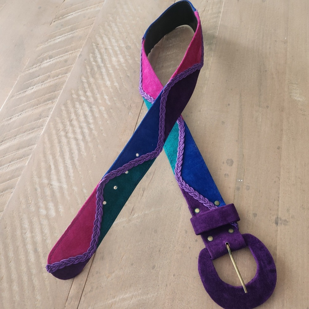 Vintage Suede Patchwork Belt Womens Medium Multicolor Braided Trim Excellent